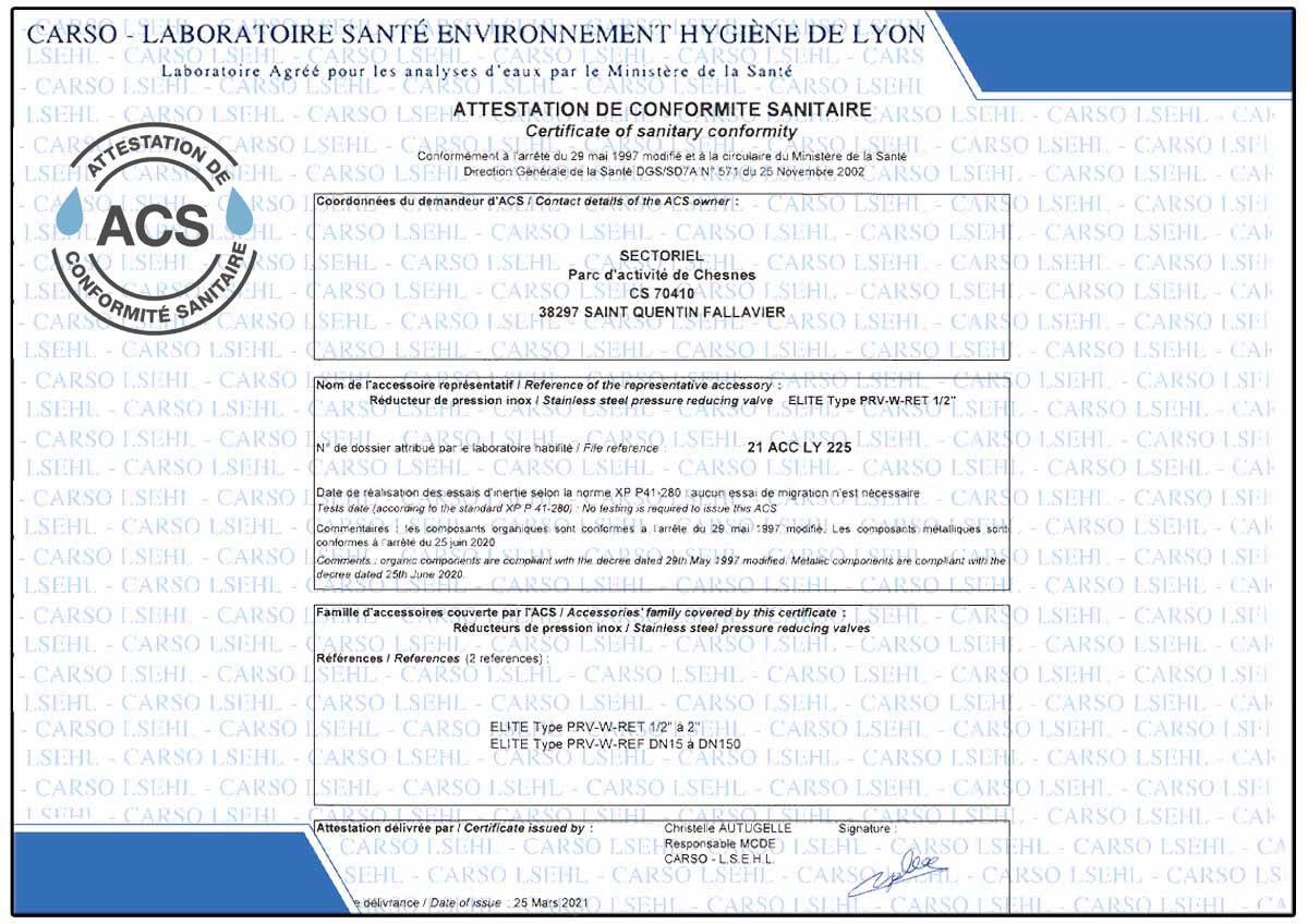 Las válvulas reductoras de presión de acción directa Z-Tide cumplen con la normativa ACS para agua potable.